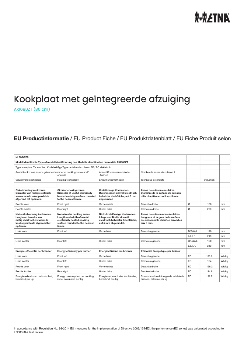 Page 1 de la notice Fiche technique Etna AKI680ZT