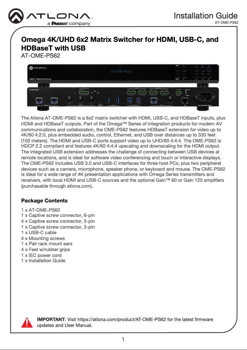 Page 1 de la notice Guide d'installation Atlona Omega AT-OME-PS62
