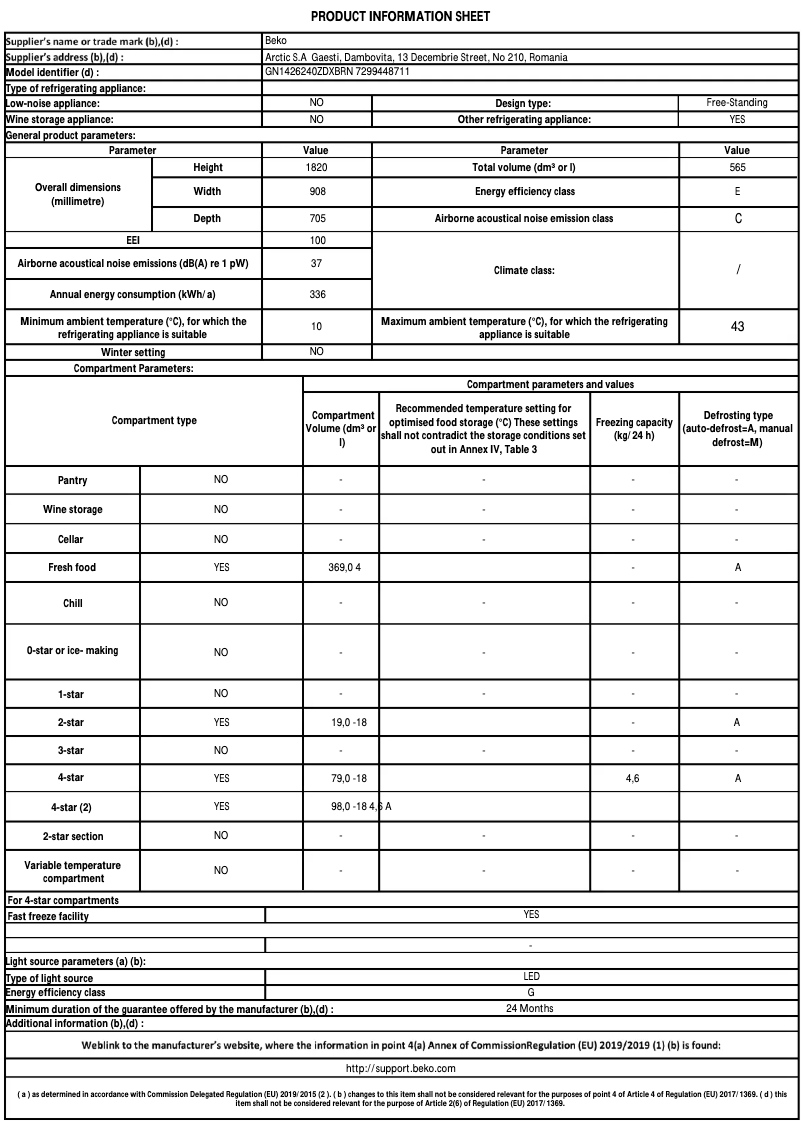 Page 1 de la notice Fiche technique Beko GN1426240ZDXBRN