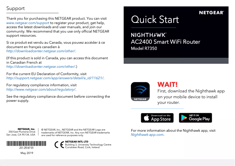 Page 1 de la notice Guide d'installation Netgear Nighthawk R7350