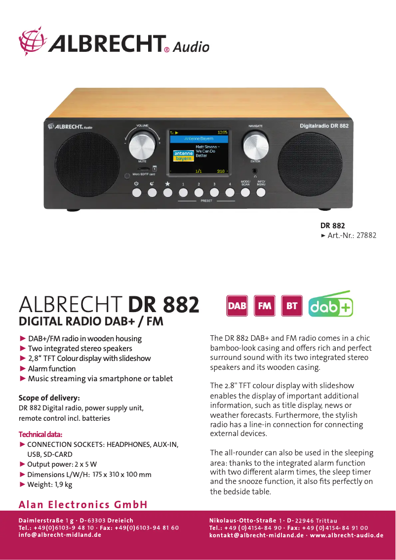 Página 1 del manual Ficha técnica Albrecht DR 882