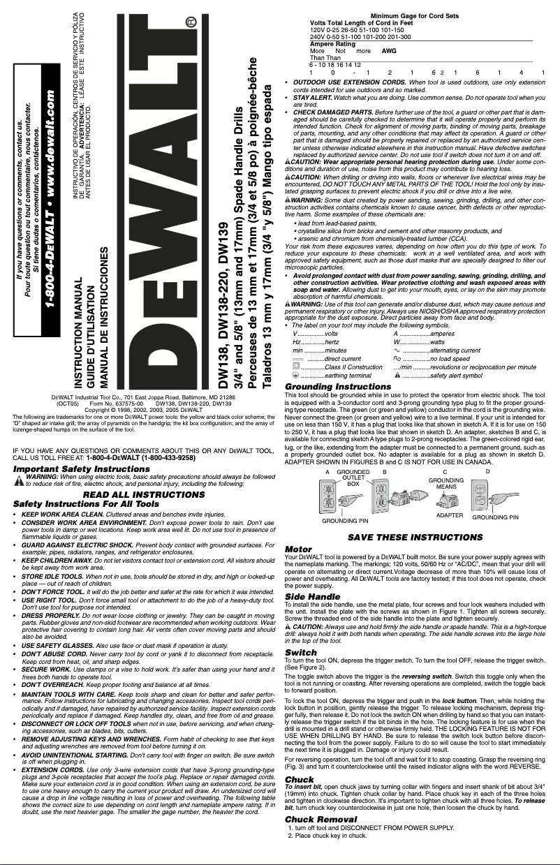 Page 1 de la notice Manuel utilisateur DeWalt DW138