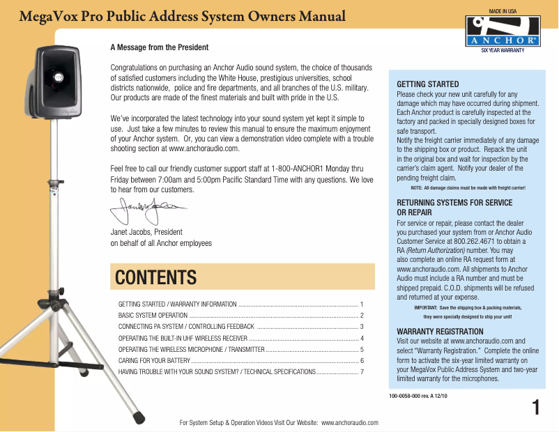 Page 1 de la notice Manuel utilisateur Anchor Audio MEGA-DP DUAL/EM/EM