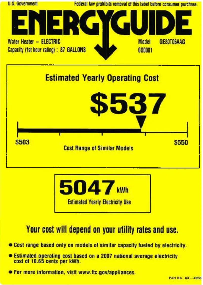 Page 1 de la notice Label énergétique GE GE80T06AAG