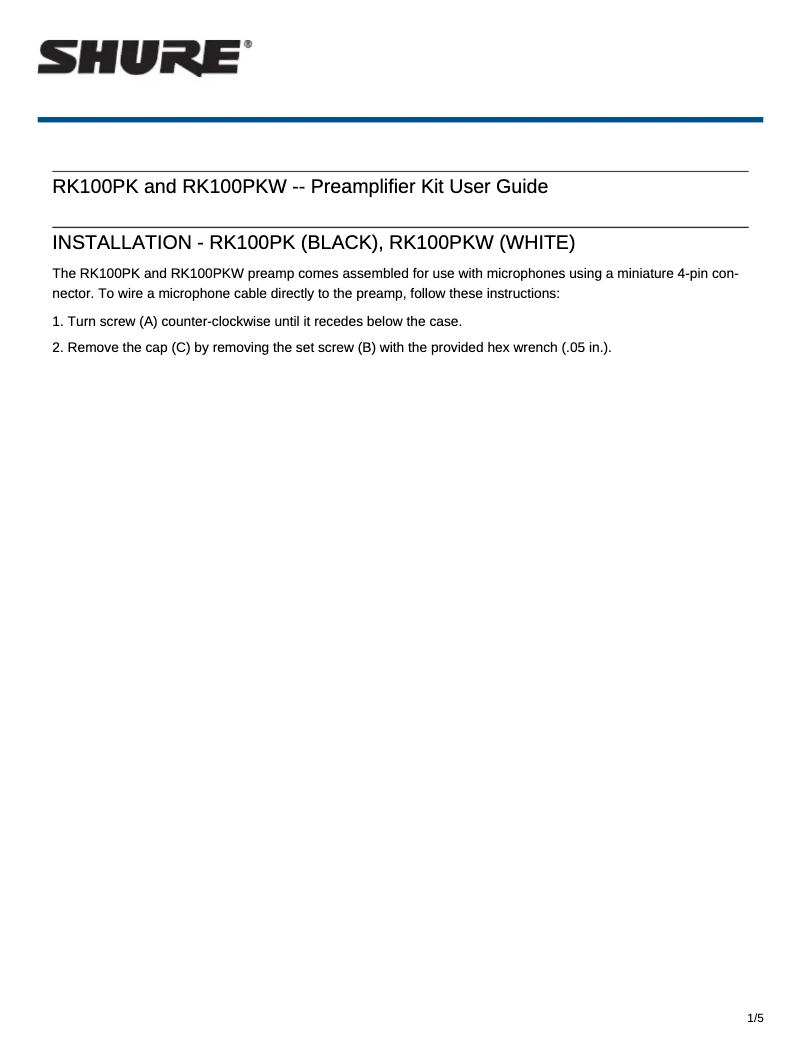 Page 1 de la notice Manuel utilisateur Shure RK100PK