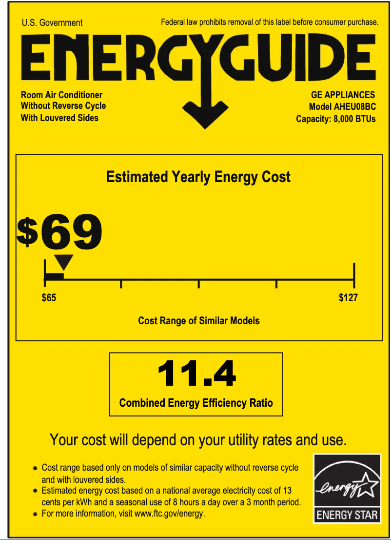 Page 1 de la notice Label énergétique GE AHEU08BC