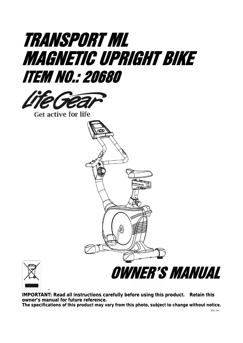 Image de la première page du manuel de l'appareil Transport Magnetic Upright Bike 20680