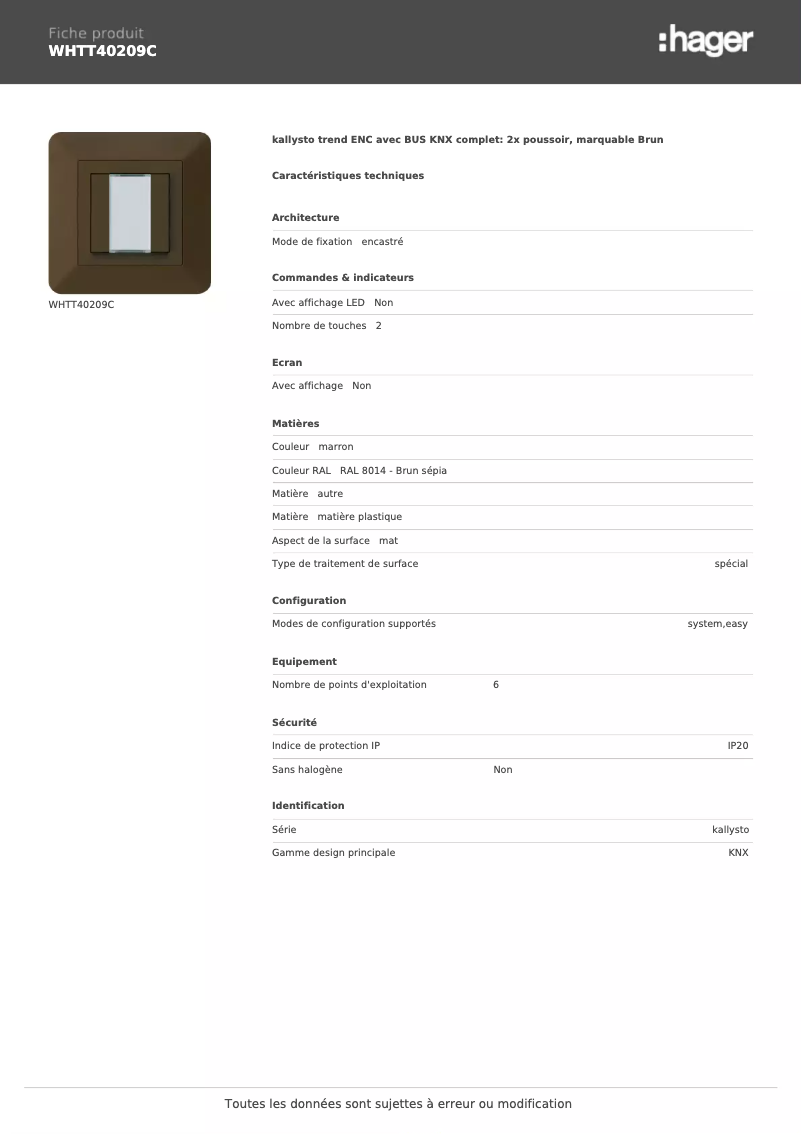 Page n°1 - Fiche technique Hager WHTT40209C