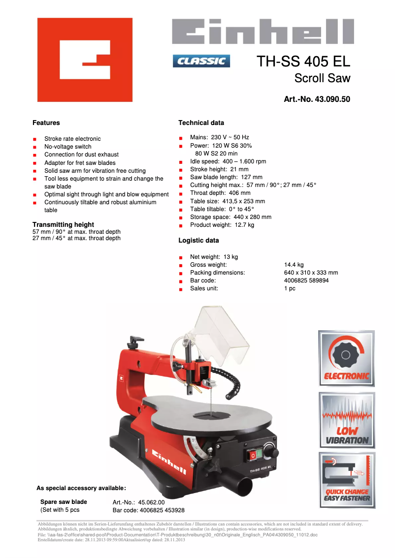 Page n°1 - Fiche technique Einhell TH-SS 405 EL