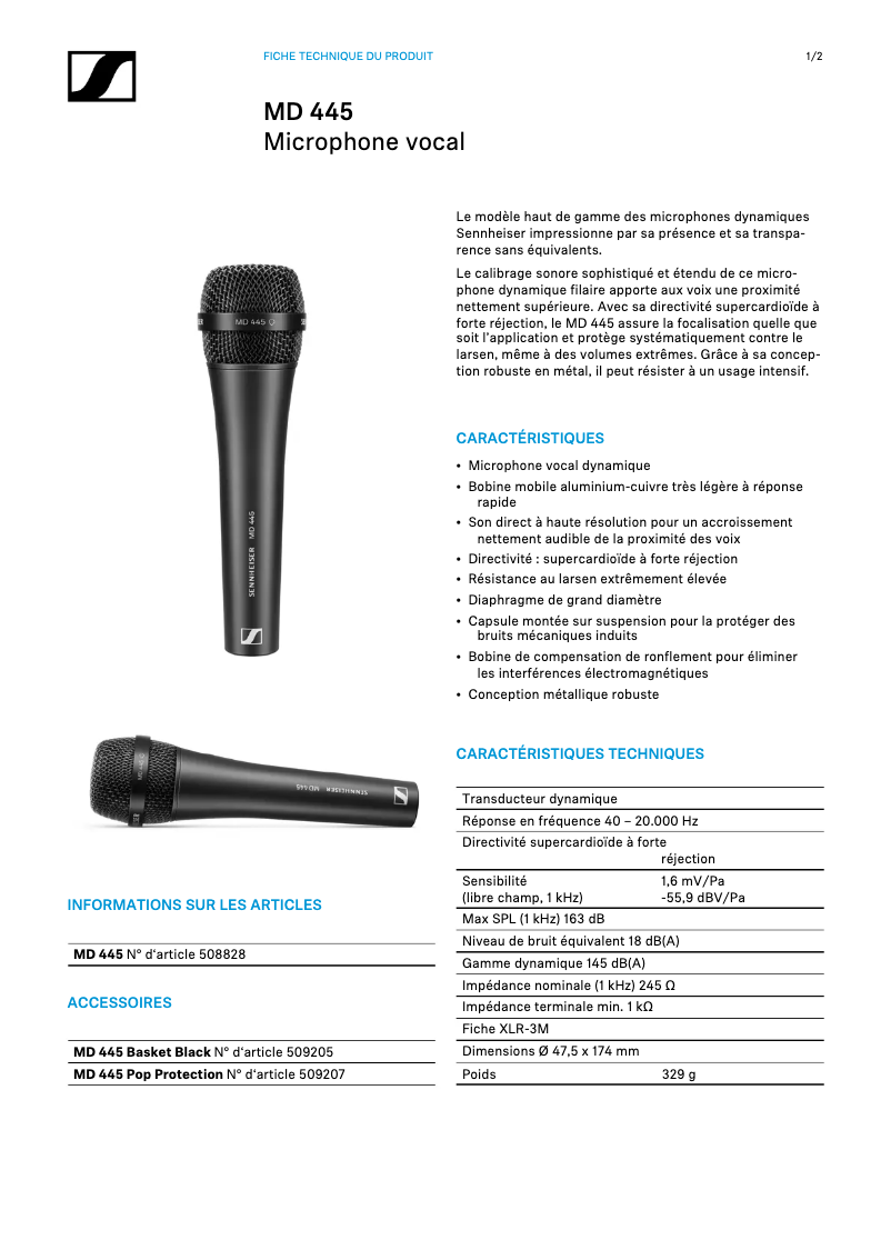 Page n°1 - Fiche technique Sennheiser MD 445