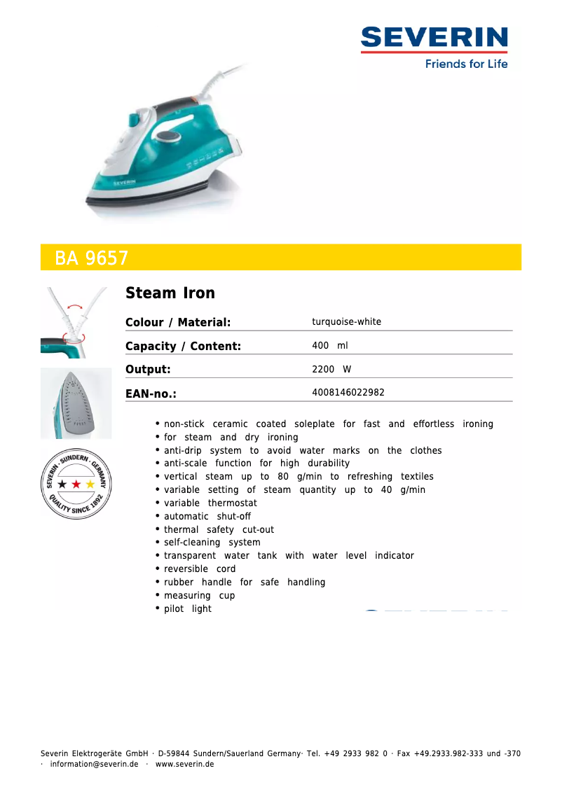Page 1 de la notice Fiche technique Severin BA 9657