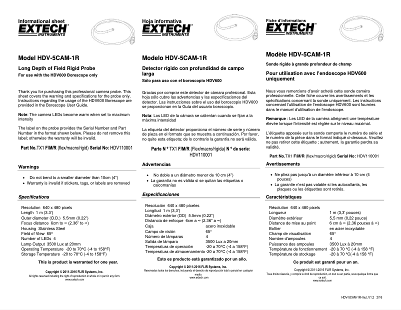 Page 1 de la notice Manuel utilisateur Extech HDV-5CAM-1R