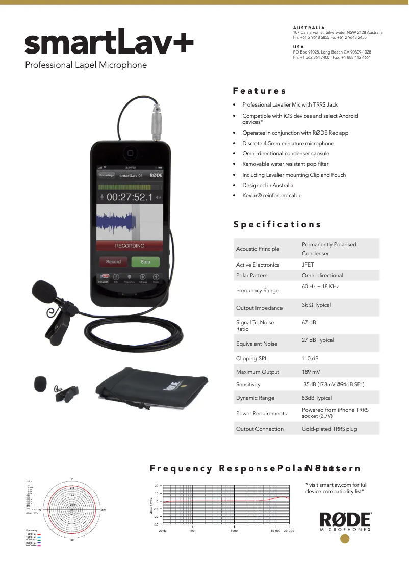 Page 1 de la notice Fiche technique Røde SmartLav+