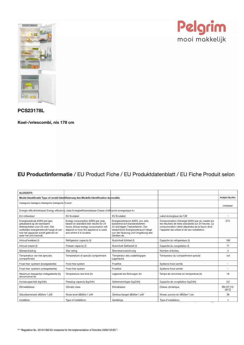 Page 1 de la notice Fiche technique Pelgrim PCS23178L