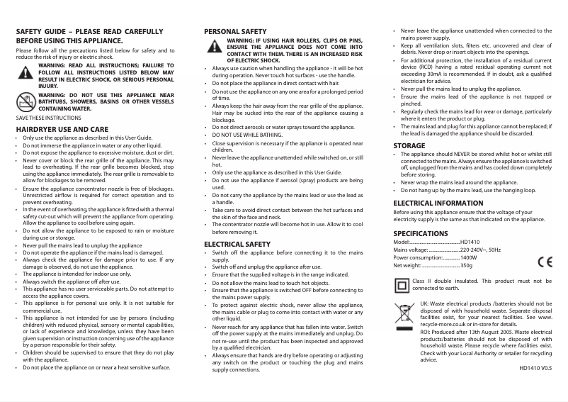 Image de la première page du manuel de l'appareil HD1410