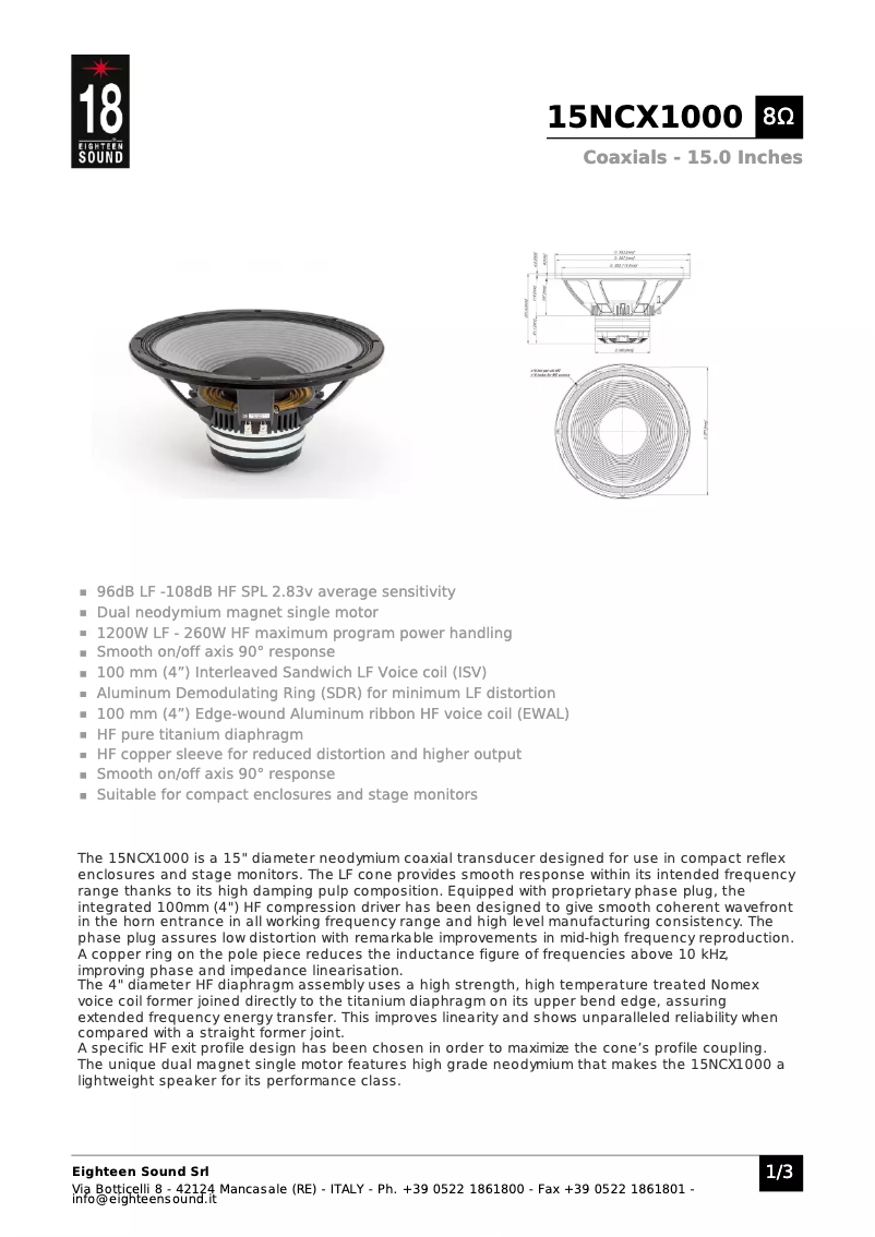 Page 1 de la notice Manuel utilisateur Eighteen Sound 15NCX1000