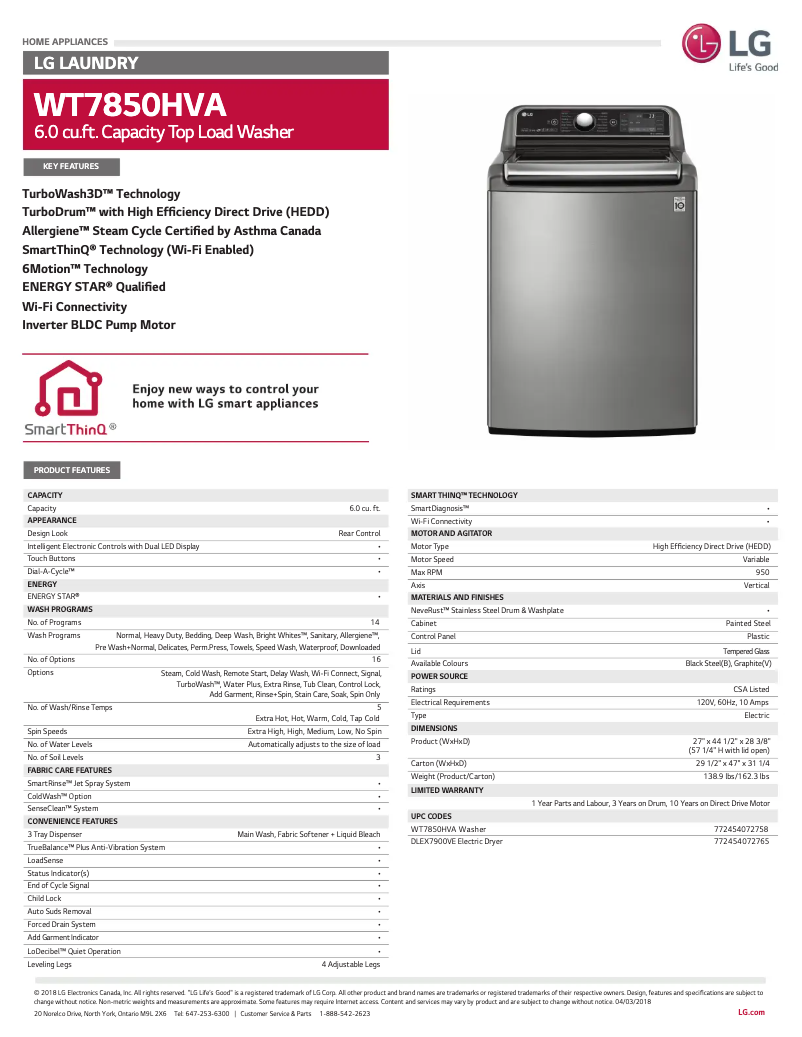 Page 1 de la notice Fiche technique LG WT7850HVA