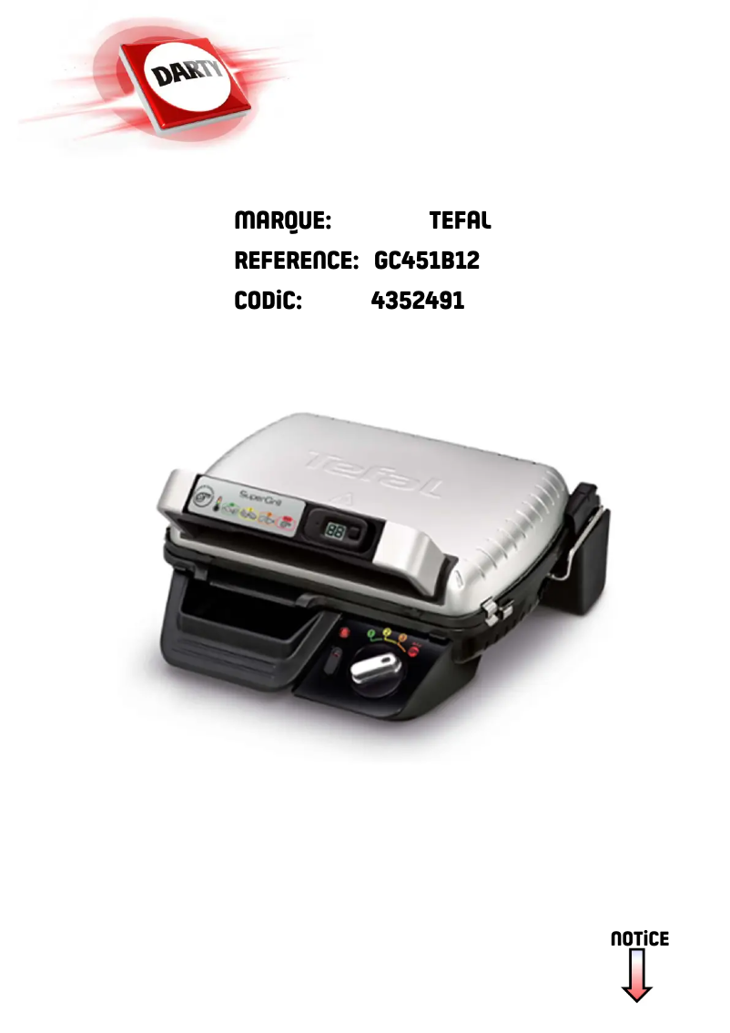 Page 1 de la notice Manuel utilisateur Tefal SuperGrill XL GC461B