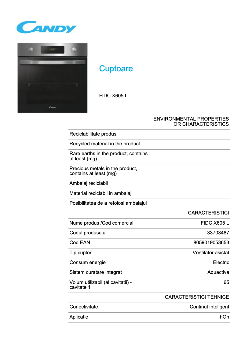 Page n°1 - Fiche technique Candy FIDC X605 L