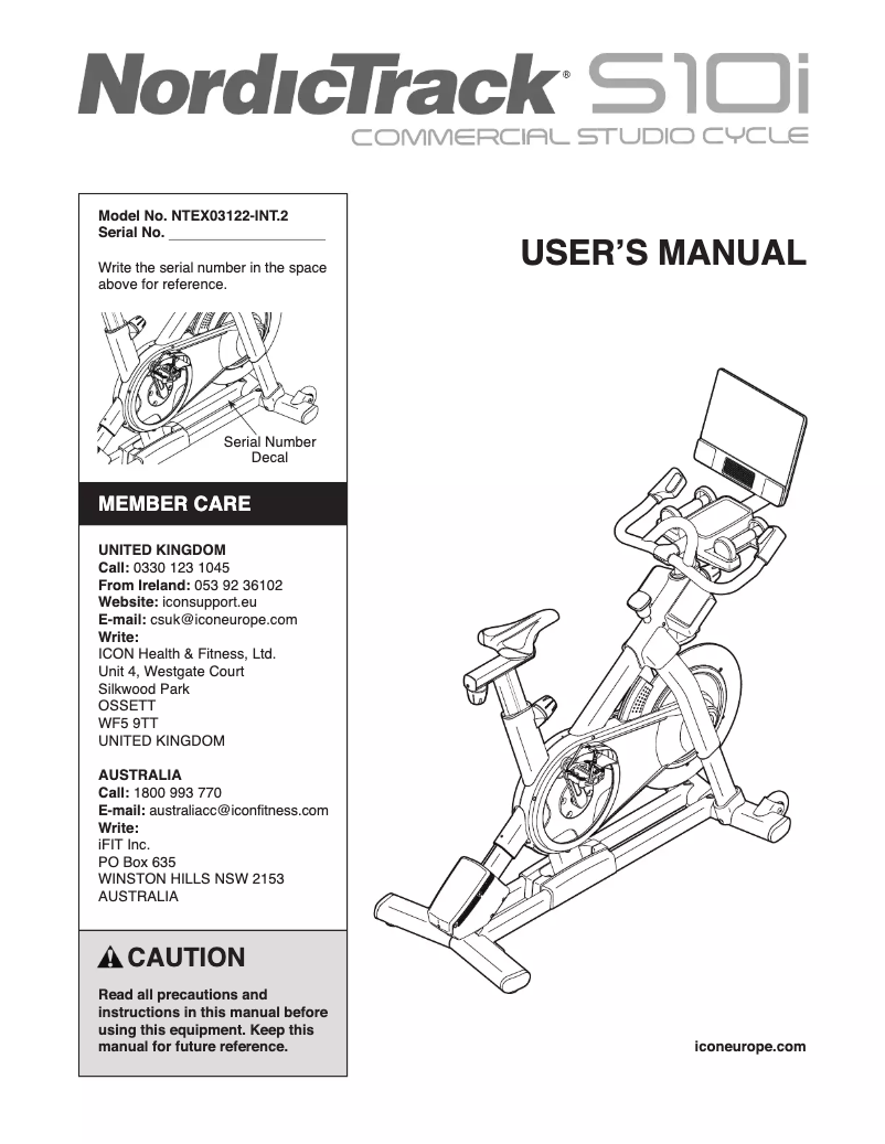 Page 1 de la notice Manuel utilisateur NordicTrack Commercial S10i Studio Cycle