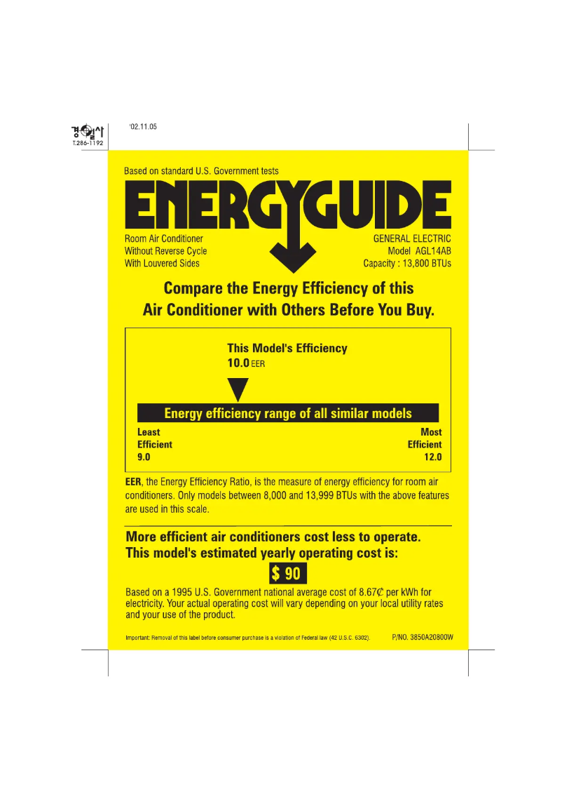 Page n°1 - Label énergétique GE AGL14AB