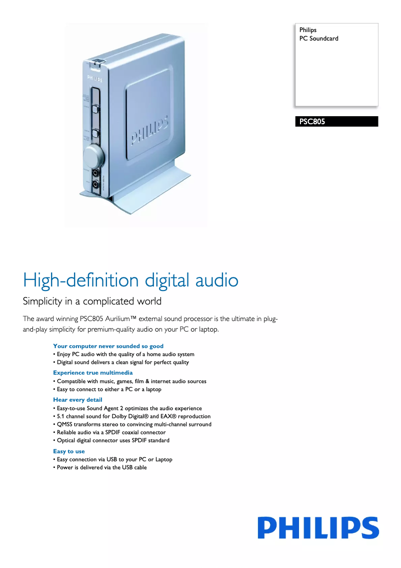 Page 1 de la notice Fiche technique Philips PSC805