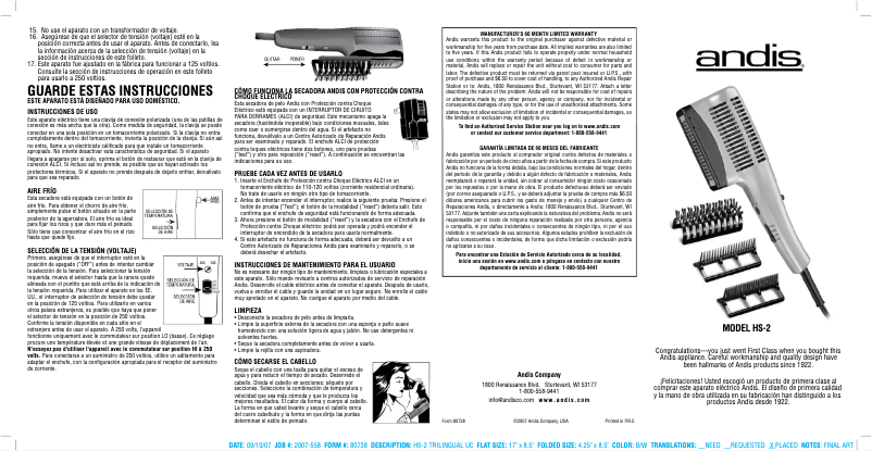 Page 1 de la notice Manuel utilisateur Andis HS-2