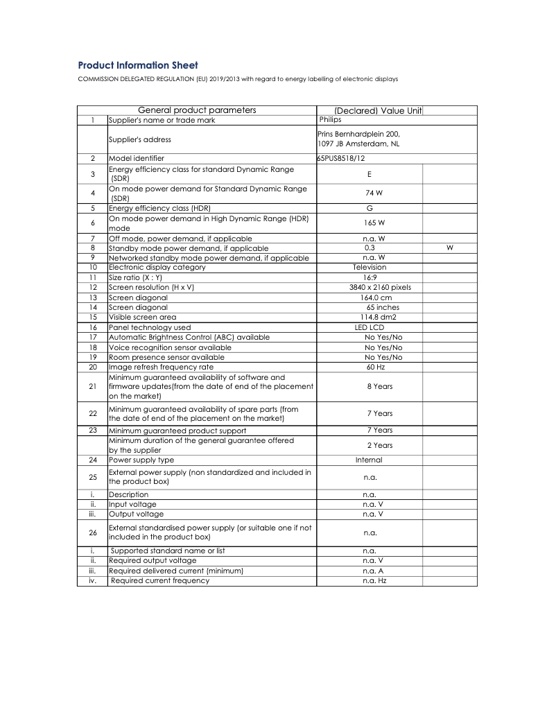 Page 1 de la notice Fiche technique Philips 65PUS8518