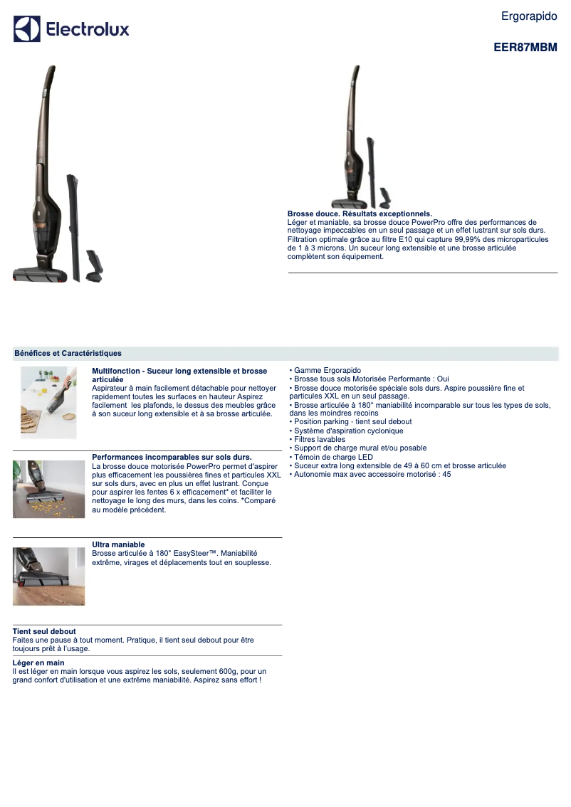 Page 1 de la notice Fiche technique Electrolux Ergorapido EER87MBM