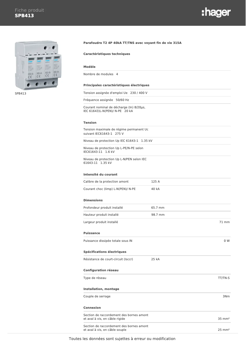 Page n°1 - Manuel utilisateur Hager SPB413