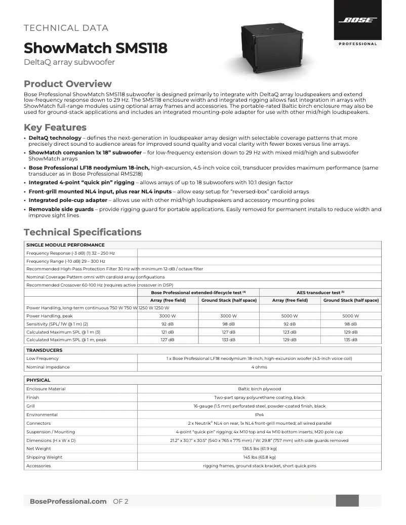 Page 1 de la notice Fiche technique Bose ShowMatch SMS118