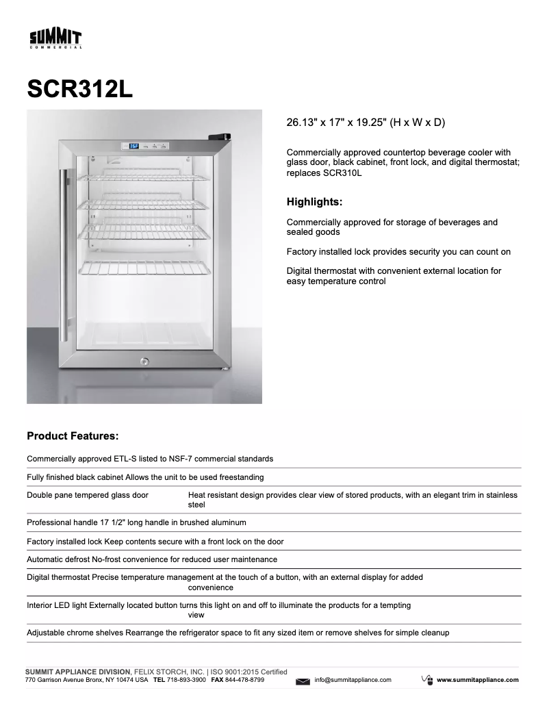 Page 1 de la notice Fiche technique Summit SCR312L