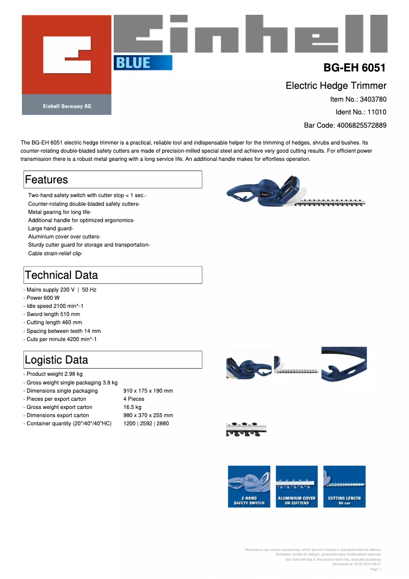 Page 1 de la notice Fiche technique Einhell BG-EH 6051