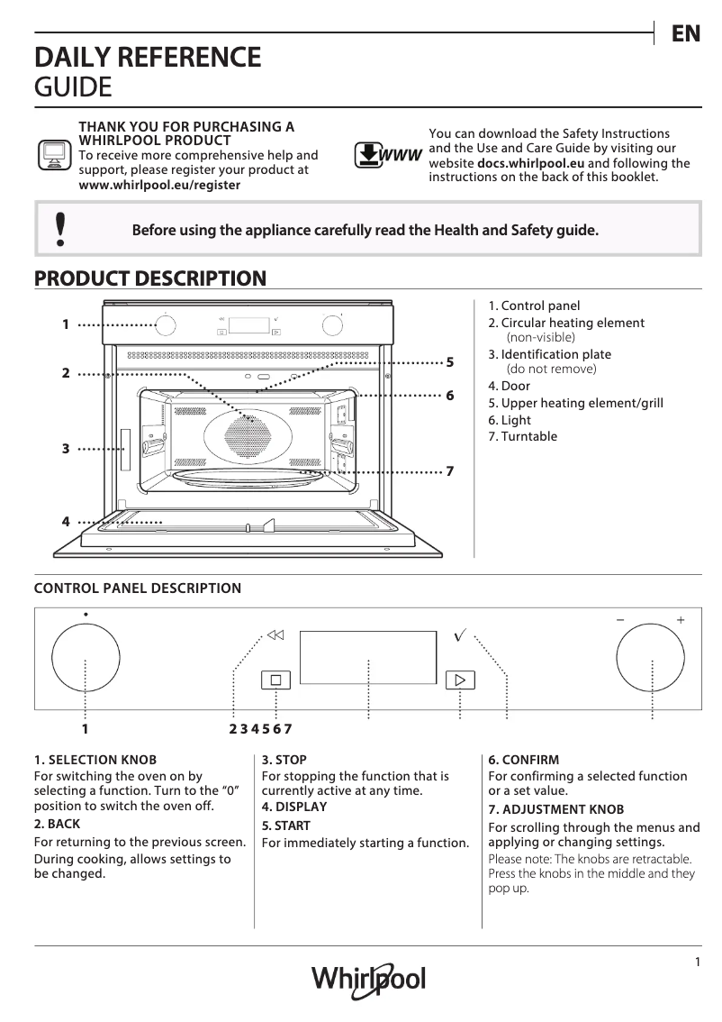 Page 1 de la notice Manuel d'utilisation et d'entretien Whirlpool W7 MW561