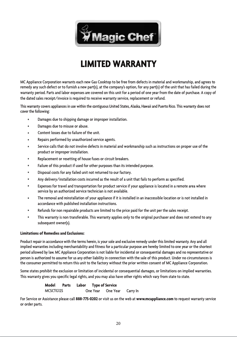 Page 1 de la notice Informations de garantie Magic Chef MCSCTG12S