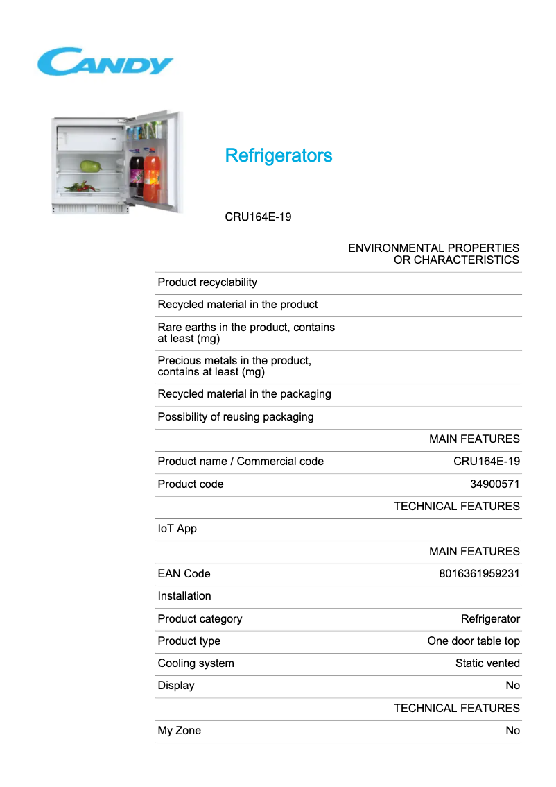 Page 1 de la notice Fiche technique Candy CRU164E-19