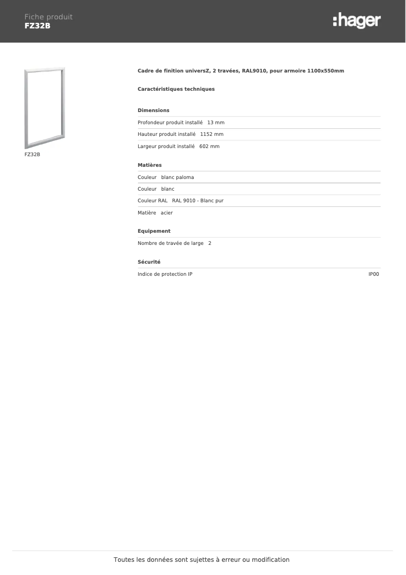 Page n°1 - Fiche technique Hager FZ32B