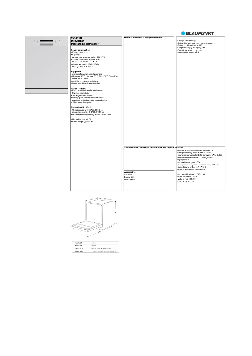 Page n°1 - Fiche technique Blaupunkt 5VS401IN