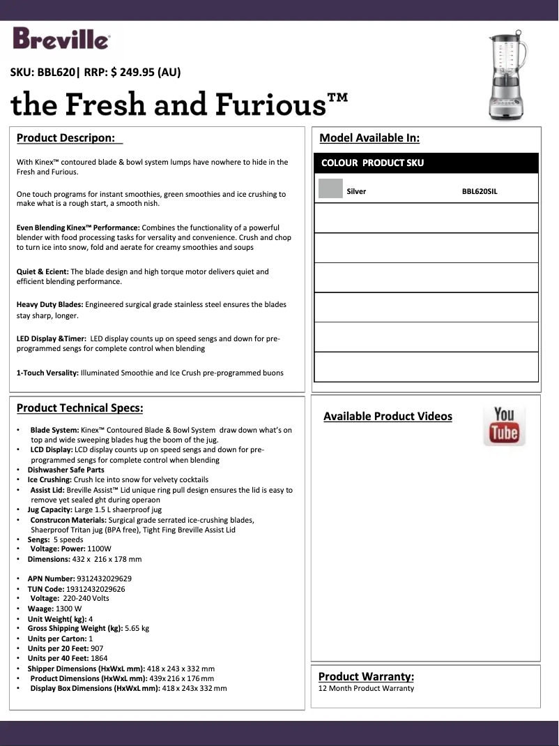 Page n°1 - Fiche technique Breville the Fresh & Furious BBL620