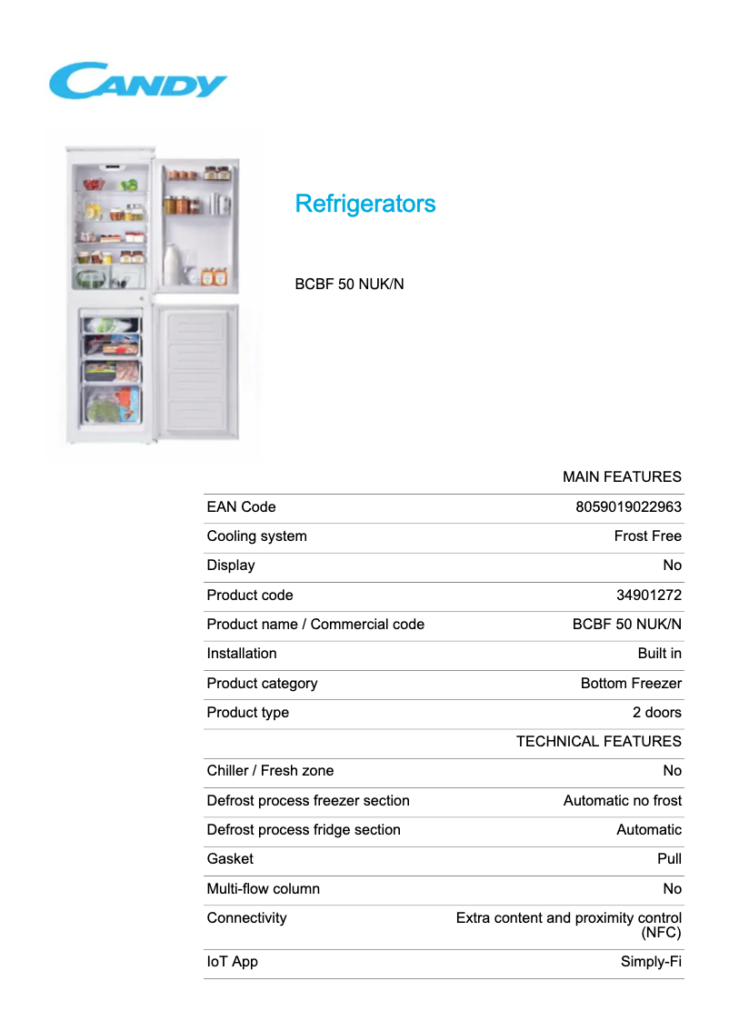 Page 1 de la notice Fiche technique Candy BCBF 50 NUK/N