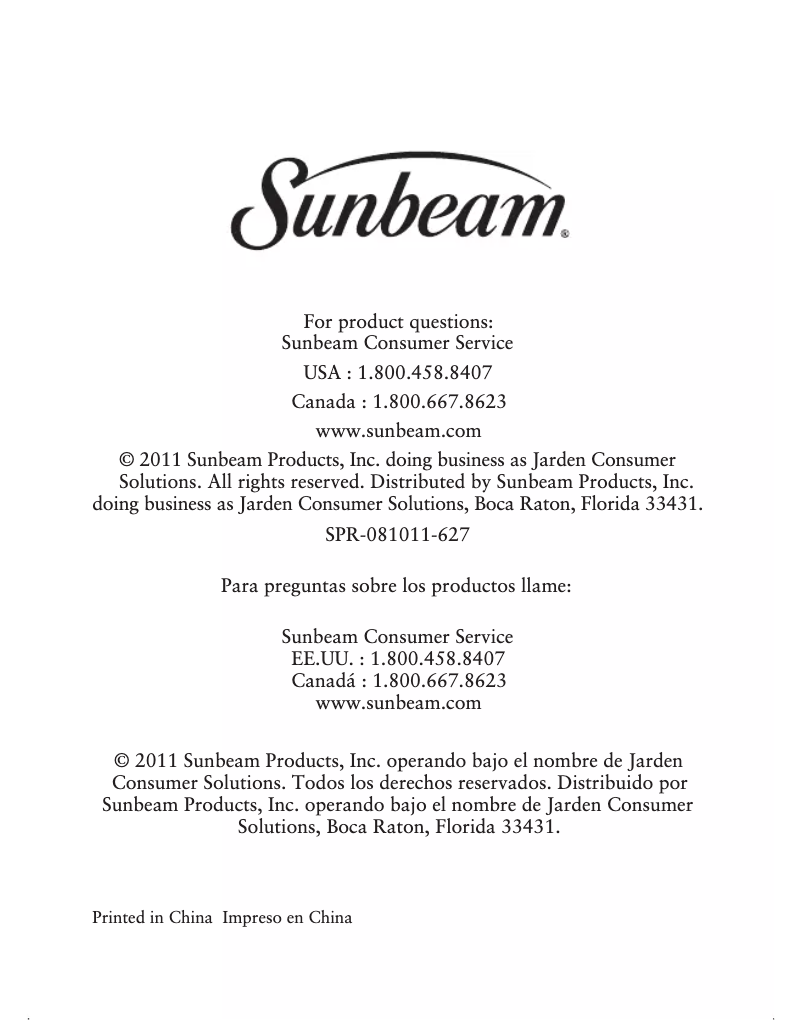 Page 1 de la notice Manuel utilisateur Sunbeam FPSBSM21MR
