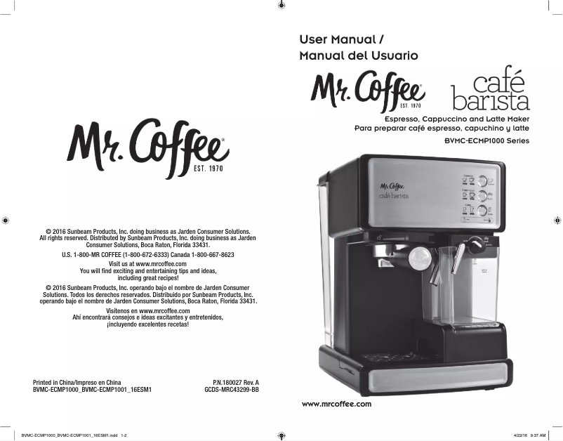 Page n°1 - Manuel utilisateur Mr. Coffee Café Barista