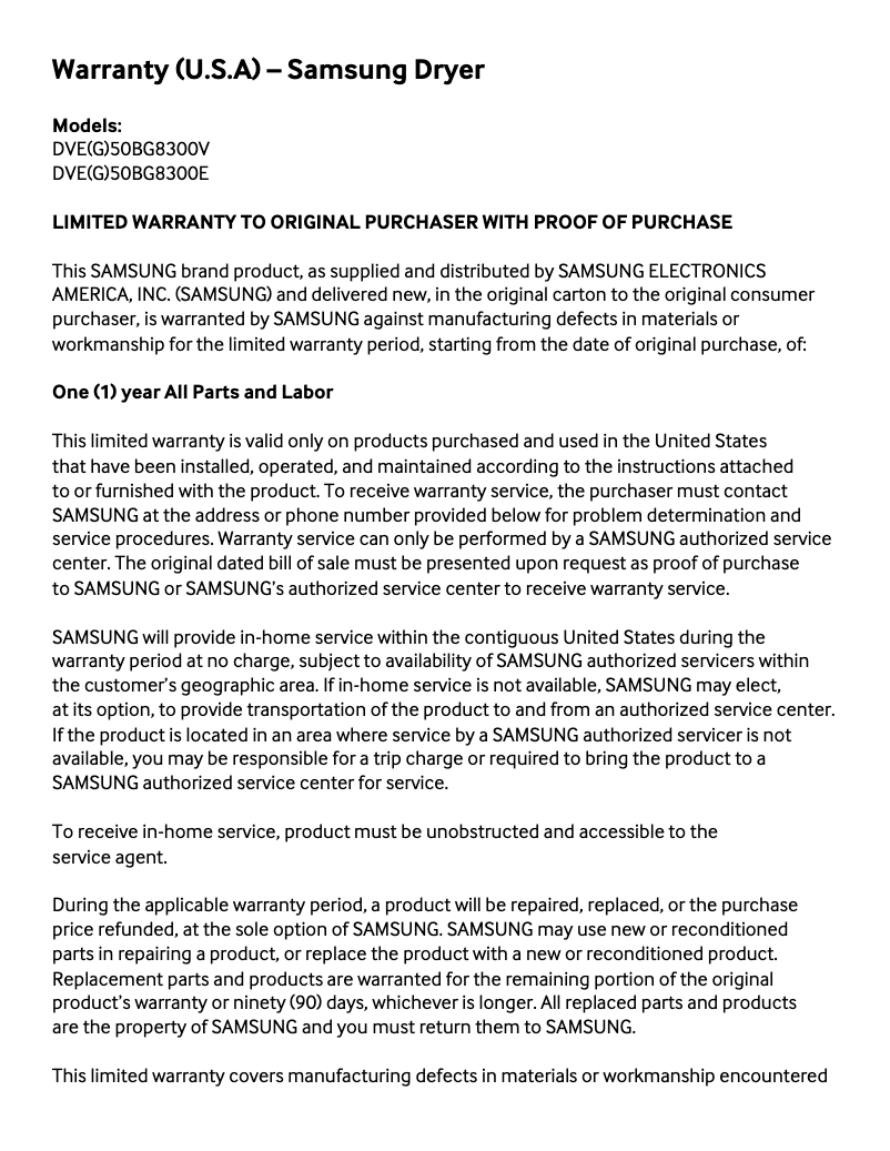 Page 1 de la notice Informations de garantie Samsung DVE50BG8300E