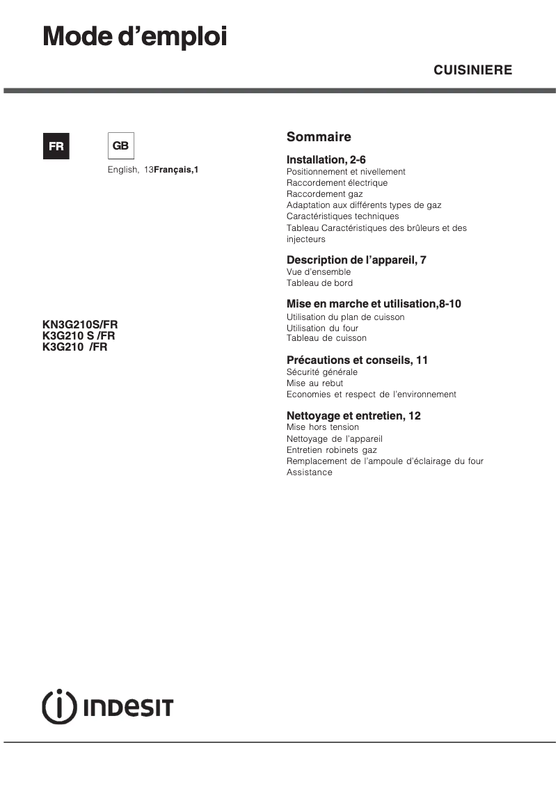Page n°1 - Manuel utilisateur Indesit K3G210 S