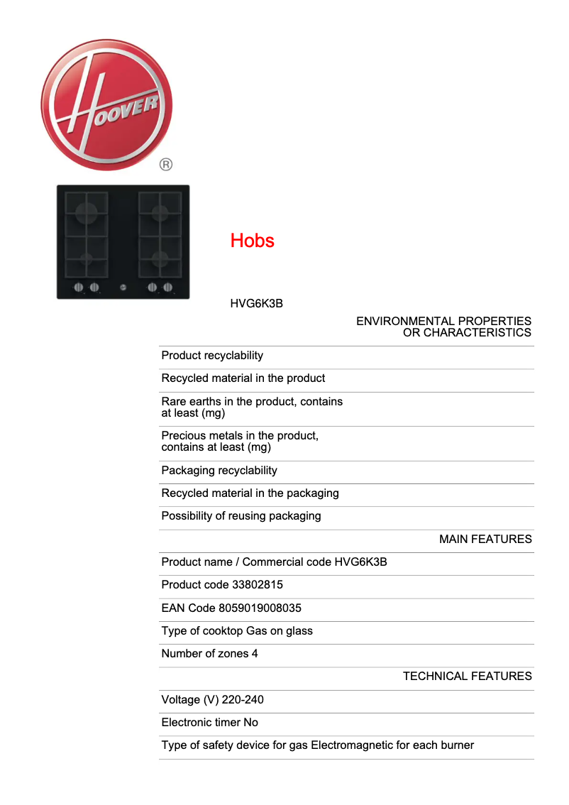 Page n°1 - Fiche technique Hoover H-HOB 300 HVG6K3B