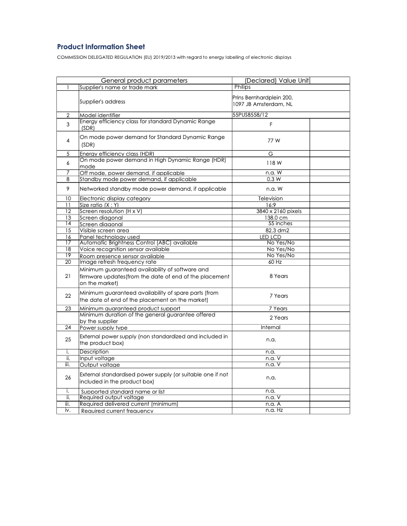 Page 1 de la notice Fiche technique Philips The One 55PUS8558