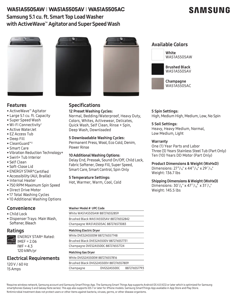 Page 1 de la notice Fiche technique Samsung WA51A5505AC