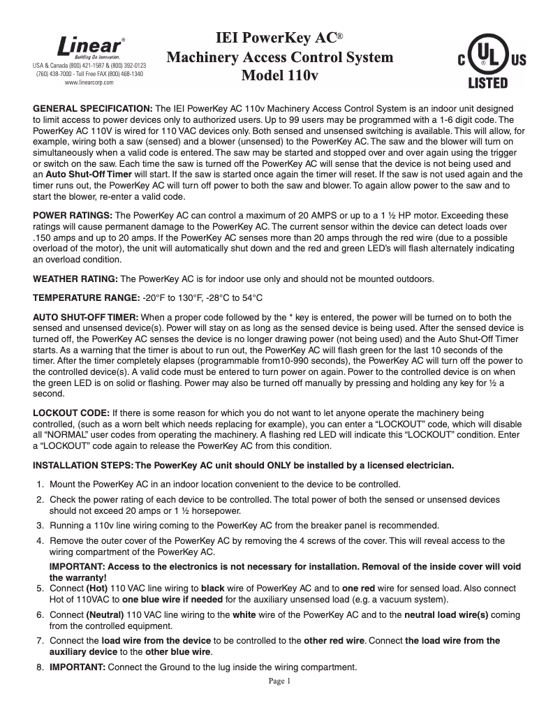 Page 1 de la notice Manuel utilisateur Nortek IEI PowerKey AC