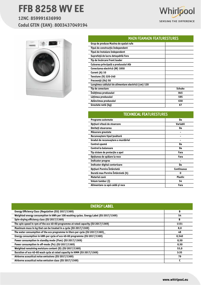 Page 1 de la notice Fiche technique Whirlpool FFB 8258 WV EE