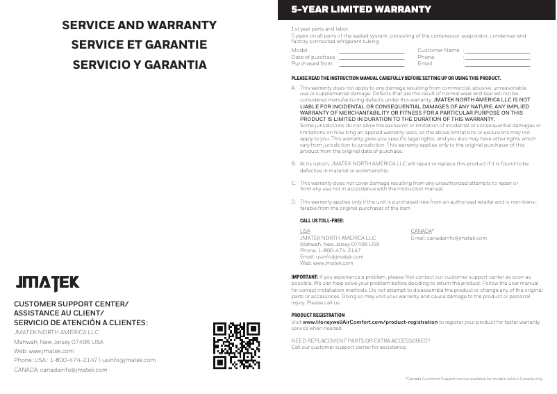 Page 1 de la notice Informations de garantie Honeywell DH70